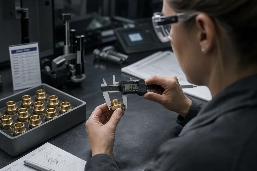 An engineer in safety glasses measuring a brass fitting with digital calipers, a tray of identical fittings beside her